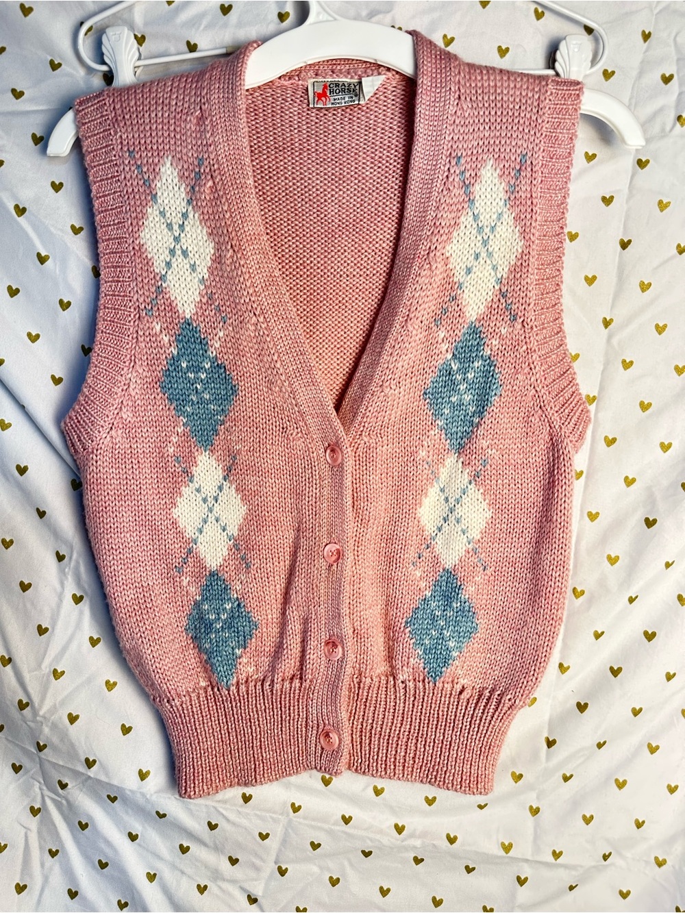 Vintage 80s Crazy Horse Pink Argyle Sweater Vest